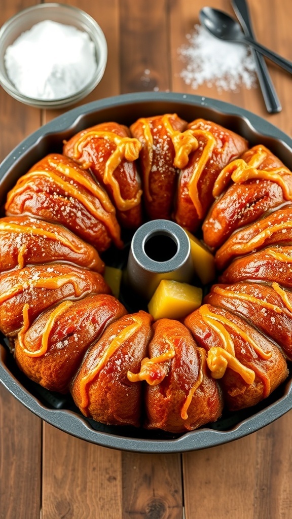 Easy 2-Ingredient Dough Monkey Bread Recipe A bundt pan filled with golden monkey bread, sprinkled with cinnamon sugar, on a rustic table.